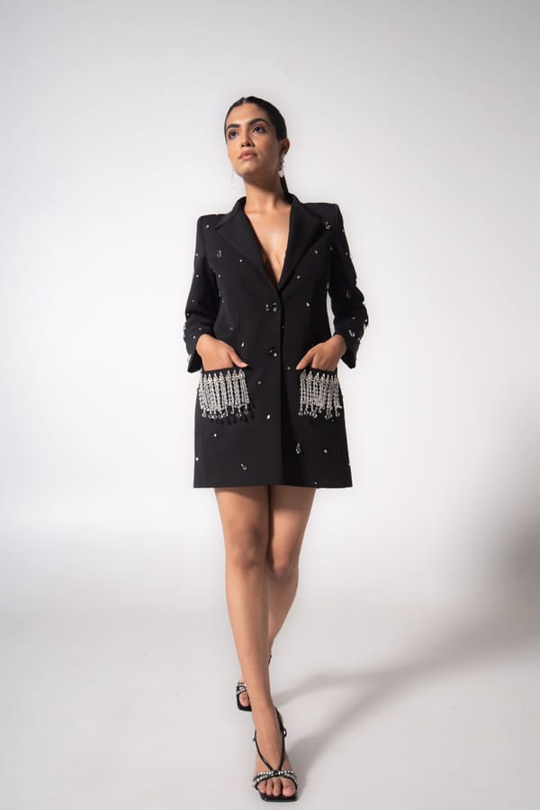 Black Embellished Blazer Mini Dress with Cowl Back — MAGIA