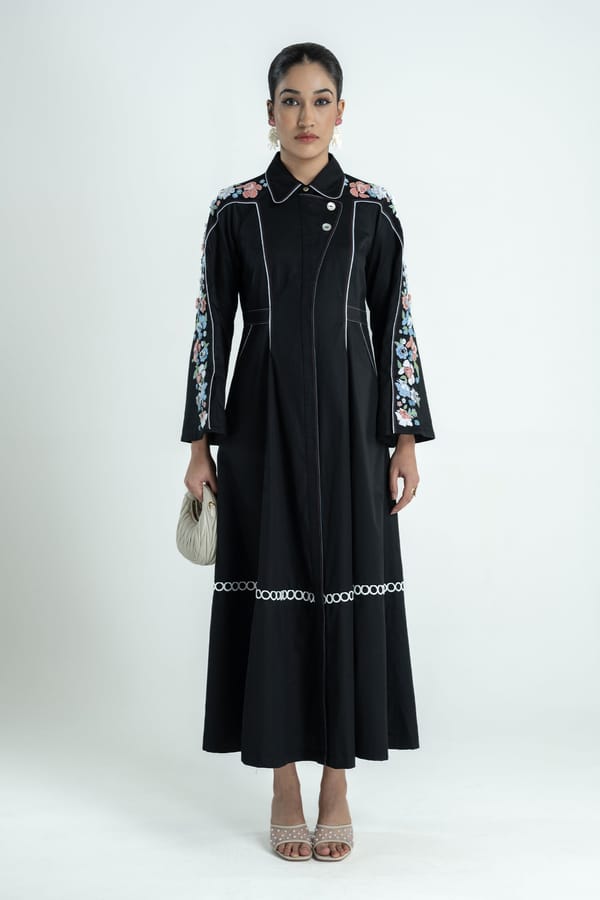 Black Cotton Satin Maxi Shirt Dress with Cape Sleeves — Our Love