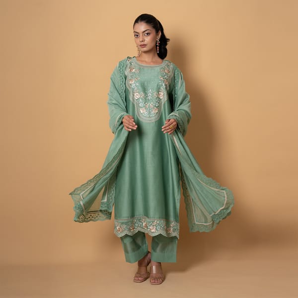 Mint Blossom Embroidered Chanderi Suit Set — Kameez