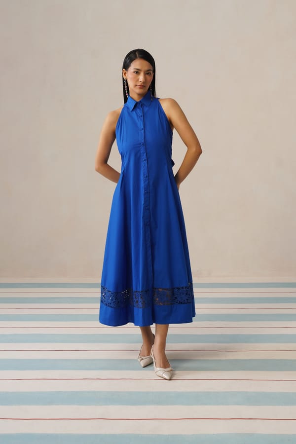 Blue Halter Collared Button-Down Midi Dress — Armoire