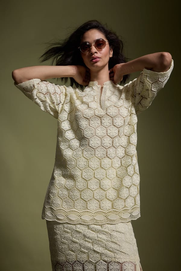 Lemon Yellow Geometric Lace Popover Top — Dash and Dot