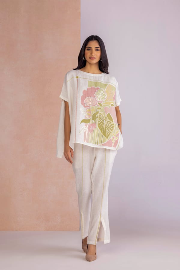 Off-White Linen Blend Bootcut Trousers with Front Slits — Kaveri