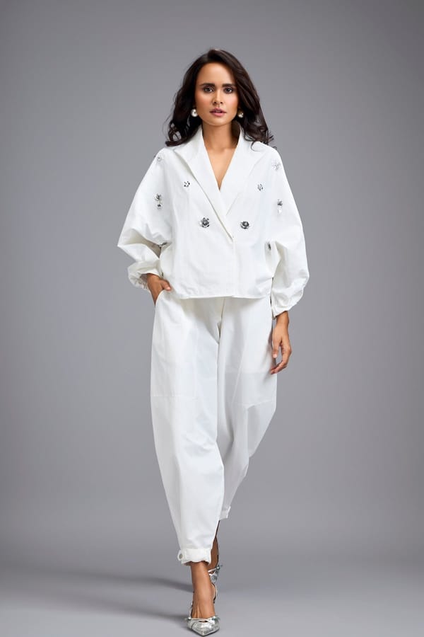 White Cropped Embellished Blazer With Drop Pants — Deepika Arora