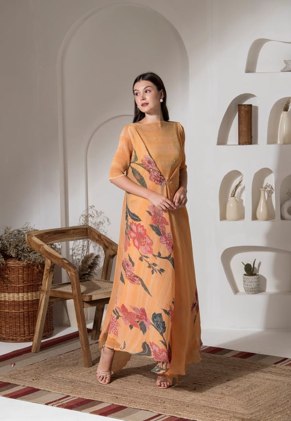 Golden Yellow Floral Kaftan Kurta Palazzo Co-ord Set — PREETI MEHTA
