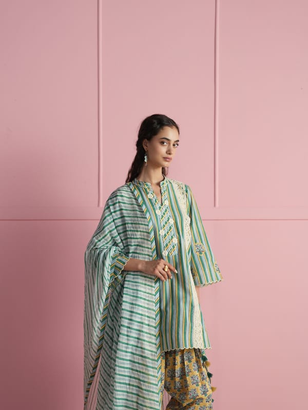 STRIPED KURTA WITH LAVENDER FLORA PRINT SALWAR AND DUPATTA — TASHA INDIA