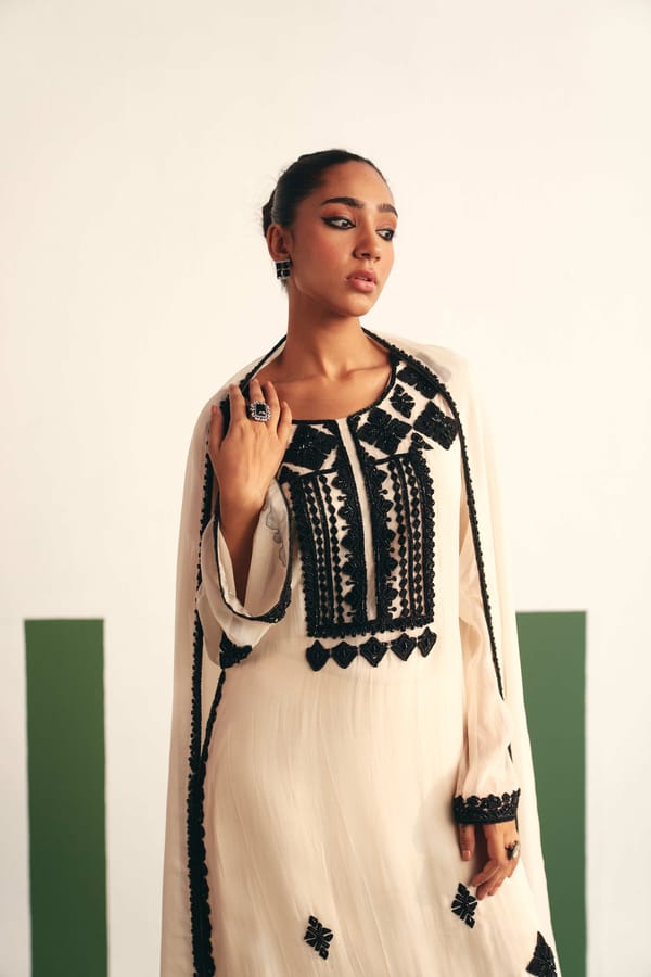 Ivory Straight Kurta Palazzo Set with Black Embroidery — Reeti Arneja