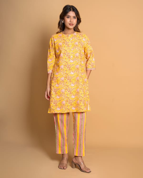 Mango Yellow Digital Print Cotton Linen Kurta Set (Set of 2) — Kameez