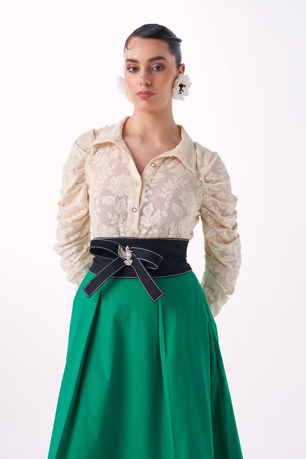 Emerald Cotton Twill High-Low A-Line Midi Skirt — Our Love