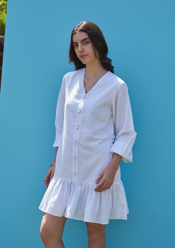 White V-Neck Button-Front Tiered Mini Dress — AMOSHI