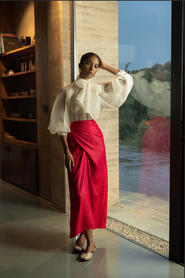 Raspberry Pink Glossy Midi Wrap Skirt with Back Tie-Up — Unrush