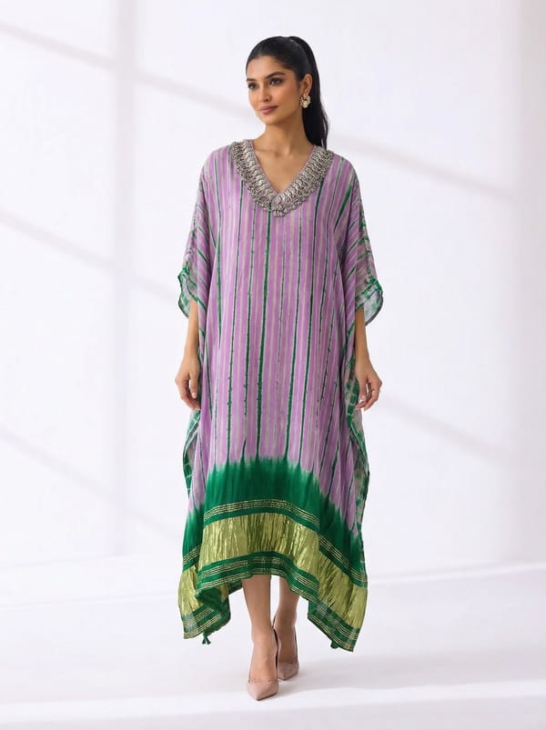 Purple Striped Modal Satin Kaftan with Embellished V-Neck — 5 Elements