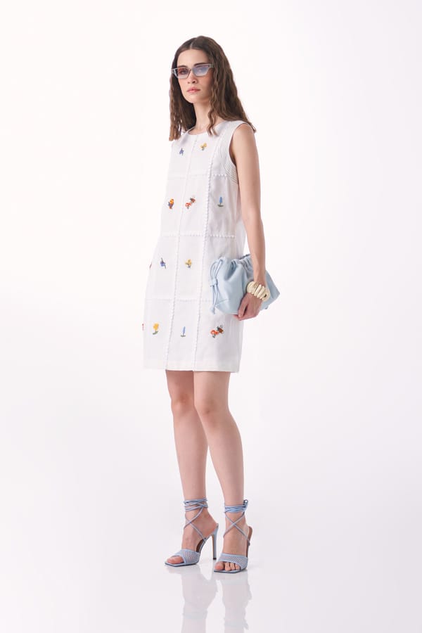 White Cotton-Linen Embroidered Mini Shift Dress — Our Love
