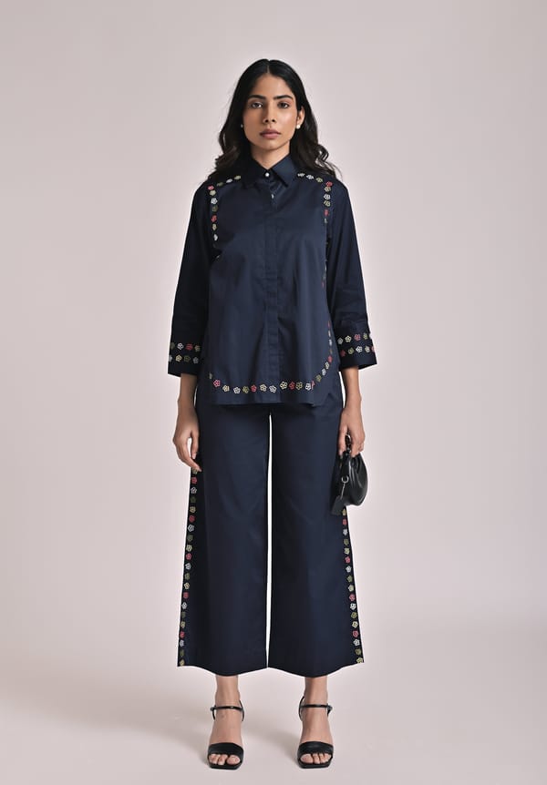Navy Cotton Satin Shirt and Wide-Leg Pants Co-ord Set — Escape By Aishwarya