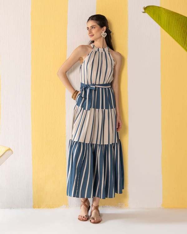 Blue & Beige Striped Maxi Dress — ZAZU