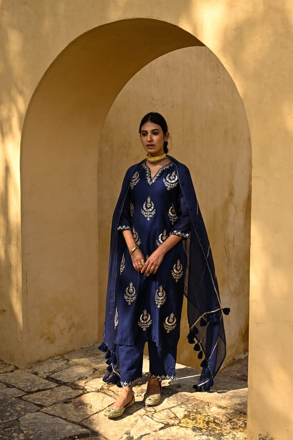 Navy Botanical Gota Work Chanderi Suit Set — Kameez