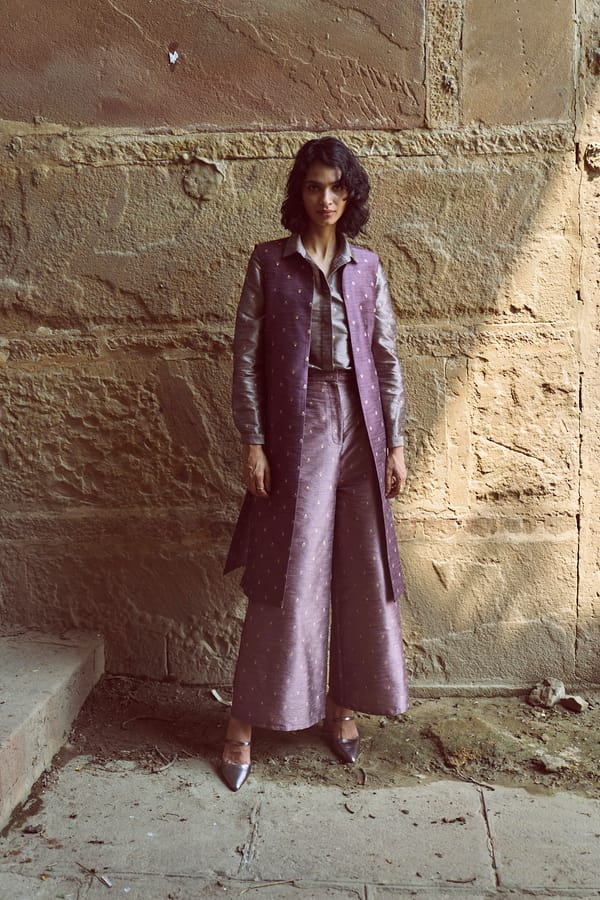 Aubergine Longline Sleeveless Brocade Overlay Jacket — Dash and Dot