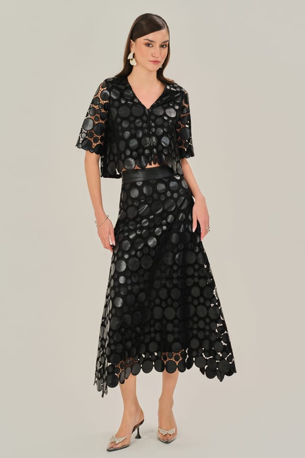 Black Faux Leather Cutwork Top and Midi Skirt Co-ord Set — BOHO-CHIC