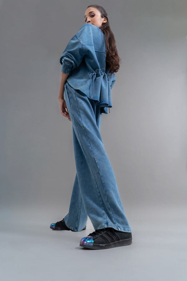 Blue Cotton Terry Straight-Leg Travel Trousers — Necesera