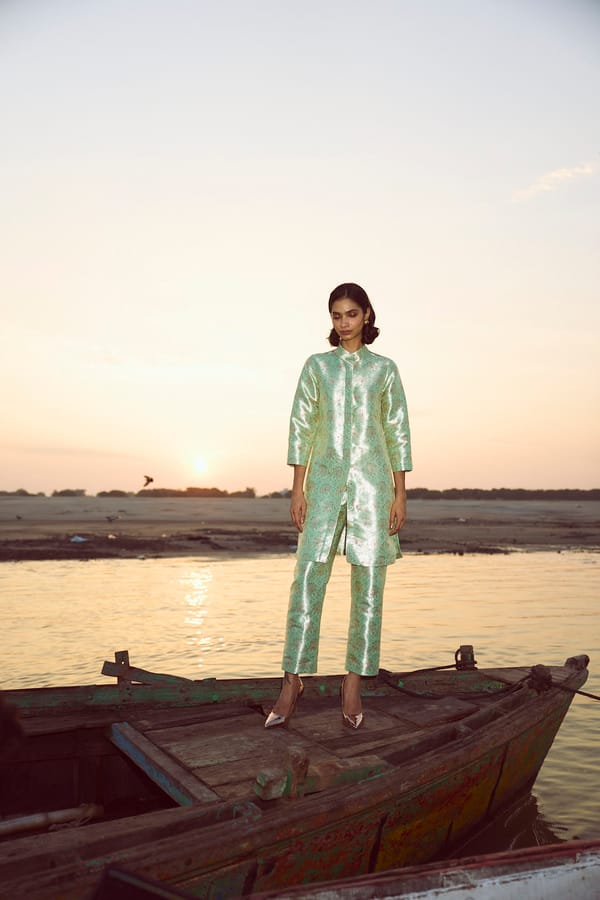 Mint Green Floral Brocade Straight-Leg Trousers — Dash and Dot