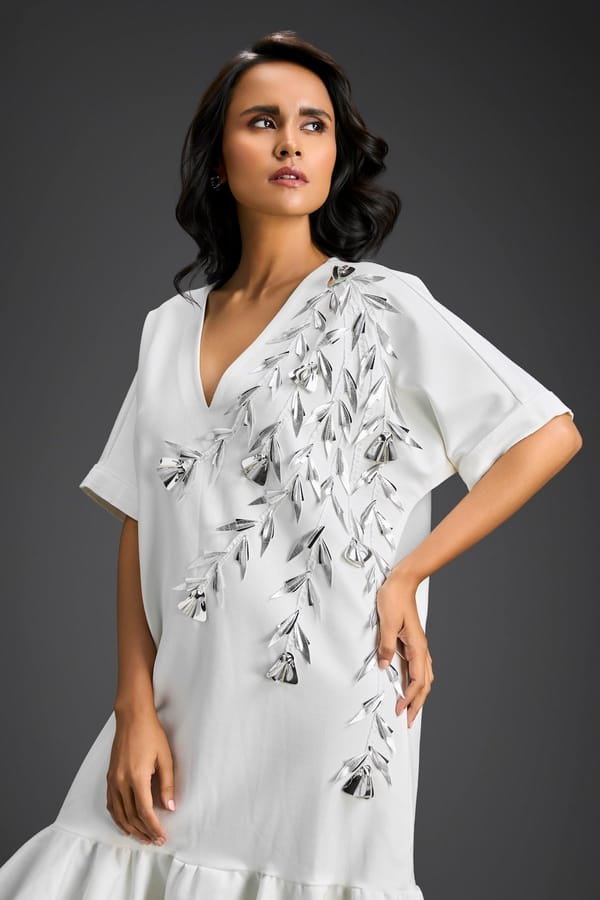 White Short Sleeves Cut-Out Embroidered Dress — Deepika Arora