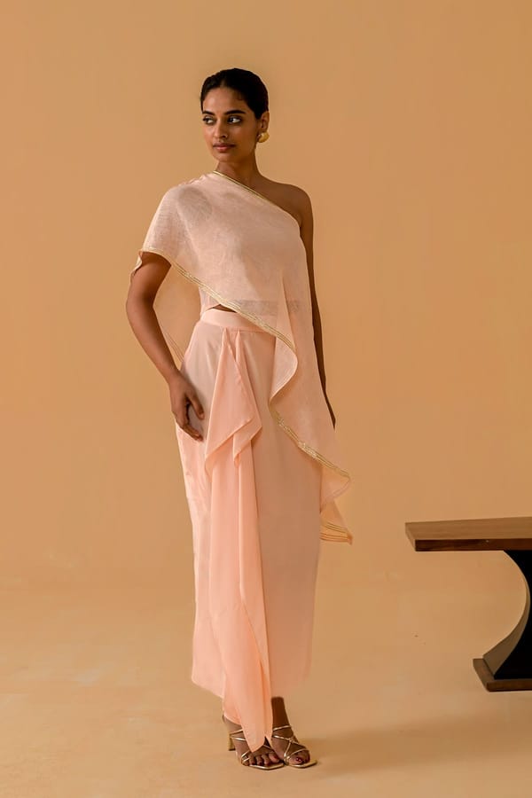 Peach One-Shoulder Draped Top and Maxi Skirt Co-ord Set — YELL