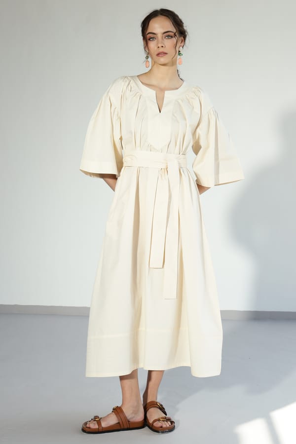 Warm Ivory Belted A-Line Midi Dress with Slit Neck — D.Artists