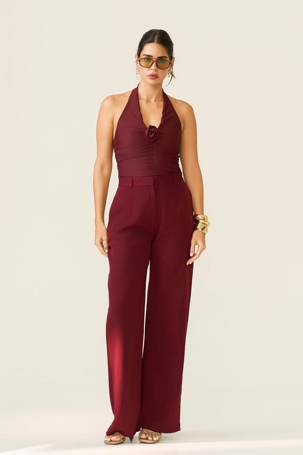 Dark Wine High-Waist Wide-Leg Crepe Trousers — LABEL FROW