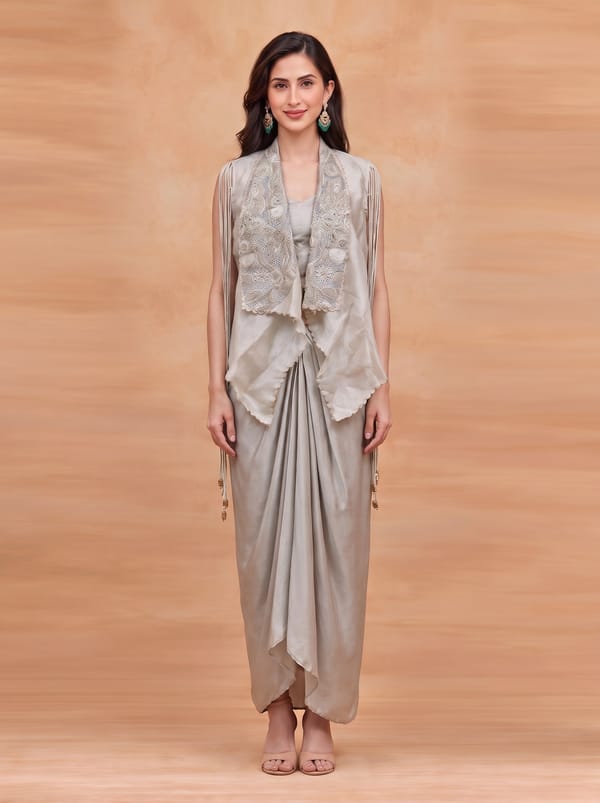Statement Scalloped and Embroidered Organza Jacket paired Satin Inner — HOUSE OF PASHA