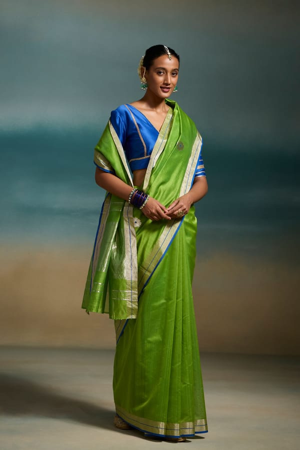 Parrot Green Chanderi Silk Saree with Blue Zari Border — Dressfolk