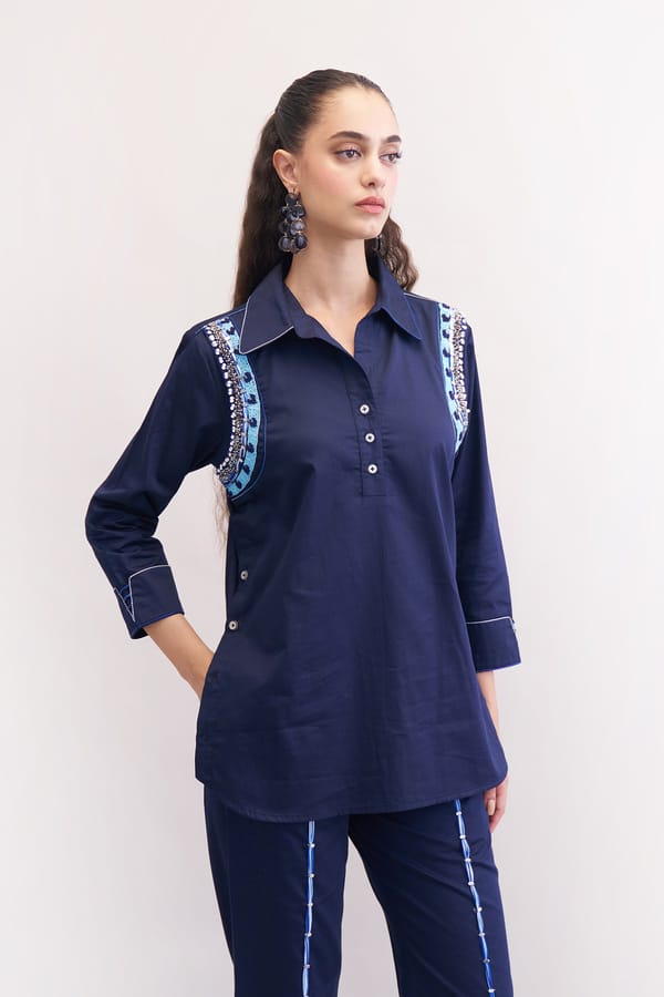 Navy Cotton Satin Embroidered Relaxed Fit Shirt — Our Love