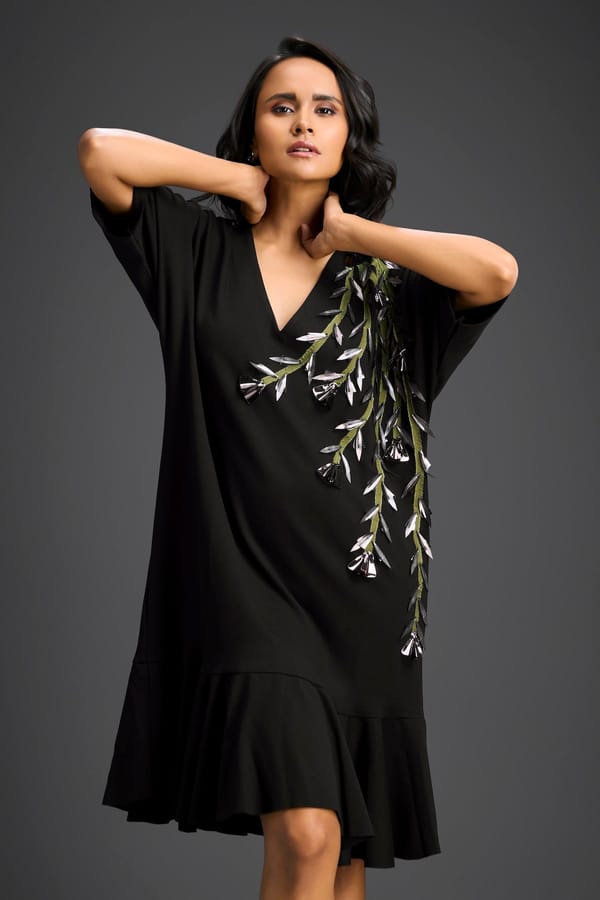 Black Short Sleeves Cut-Out Embroidered Dress — Deepika Arora
