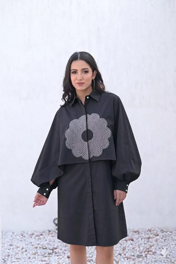 Black Cotton Knee-Length Shirt Dress with Graphic Print — RUCHIKA MALLIKA LABEL