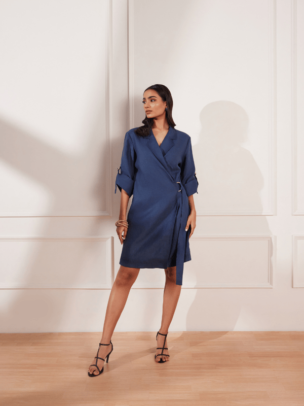 Moroccan Blue Hemp Wrap Jacket Dress with Lapel Collar — Tara & I