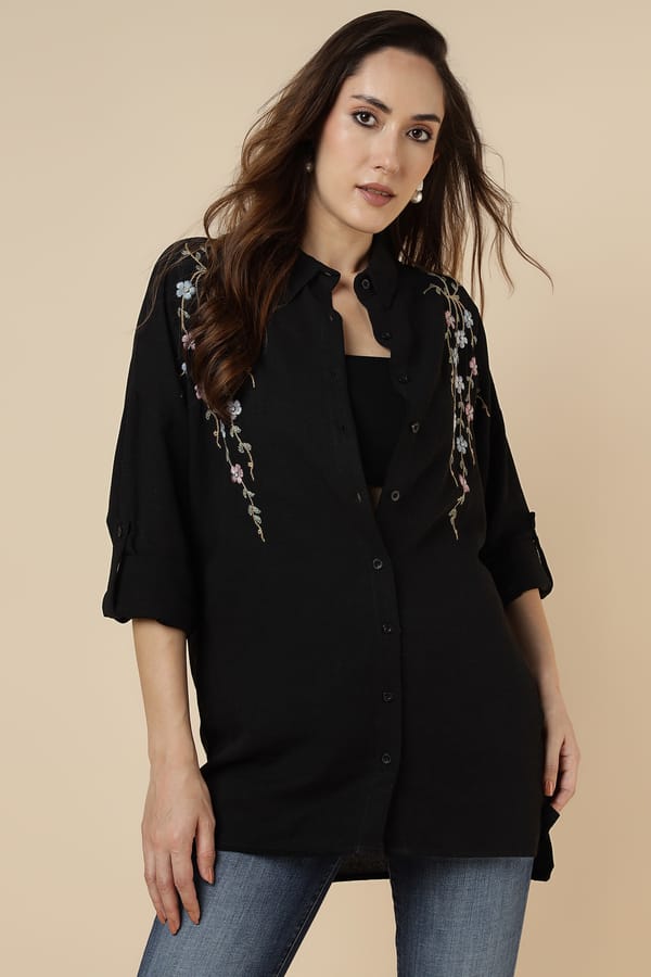 Black Floral Embroidered Longline Button-Down Shirt — BURRASCA