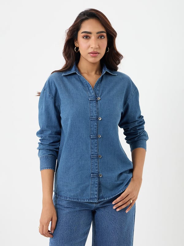 DenimLite Blue Button Detail Shirt — Femmella