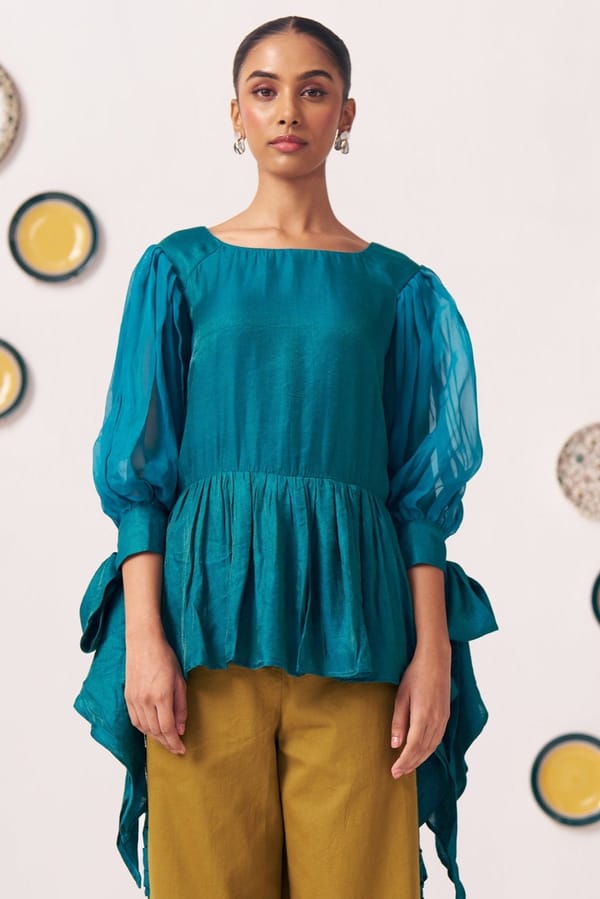 Teal Shimmer Scoop-Neck Top with Sheer Bow-Tie Sleeves — Western Era