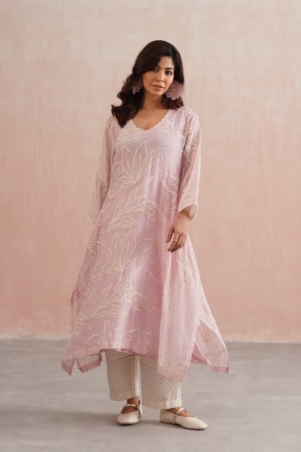 Rose Pink Embroidered Kurta and Pants Co-ord Set — UGNA