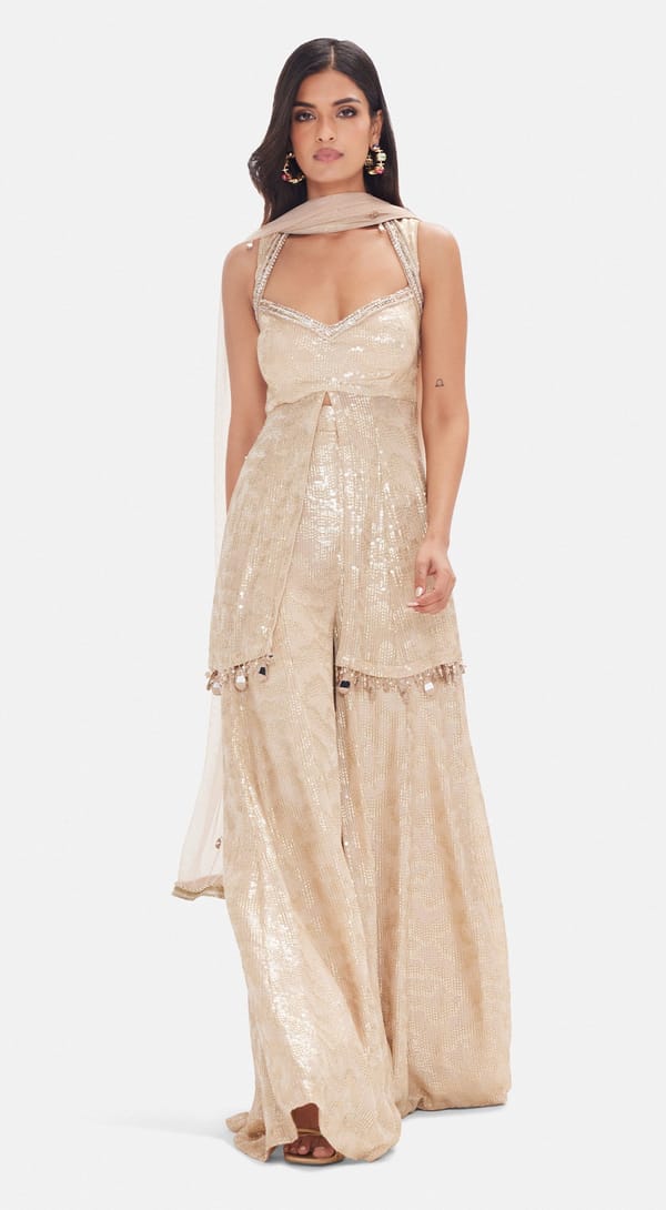 Beige Sequin Sharara Set with Dupatta — Basanti Kapde aur Koffee