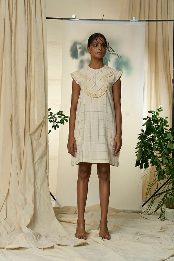 Beige Checked Kala Cotton A-Line Knee-Length Dress — ALTER NATIVE