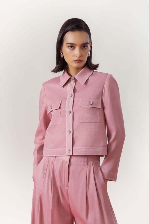 Pink Cropped Button-Front Jacket — Studio MuGu