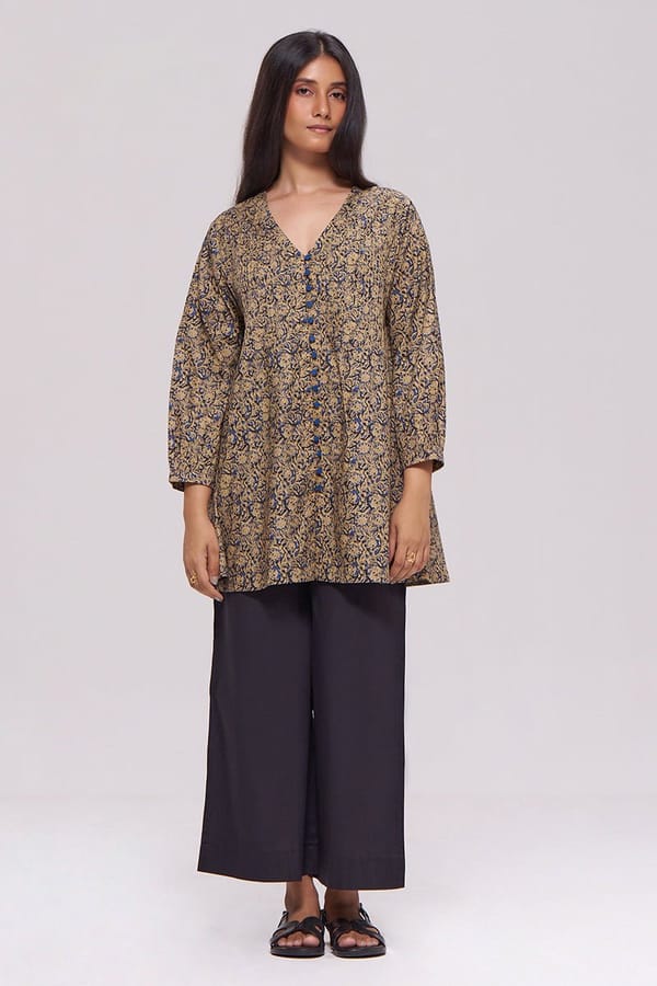 Black and Blue Printed Cotton Co-ord Set with Wide-Leg Pants — Ganga Fashions Pvt Ltd