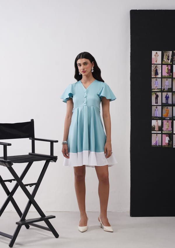 Soft Cyan Fit and Flare Mini Dress with Contrast Hem — AMOSHI