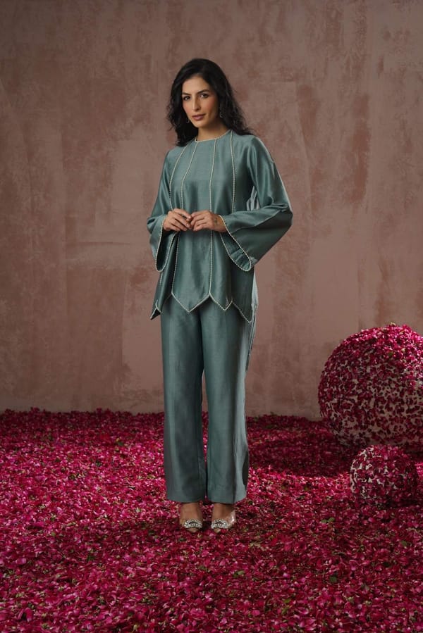 Teal Chanderi Silk Pearl-Embellished Co-ord Set — Simar Tuli