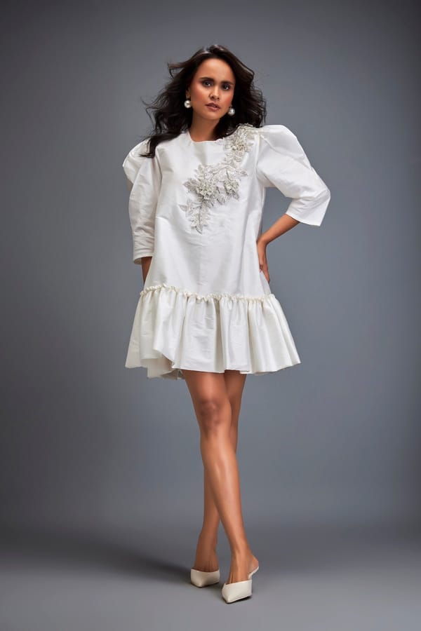 Puff-sleeve Dress With Swarovski Floral Applique — Deepika Arora