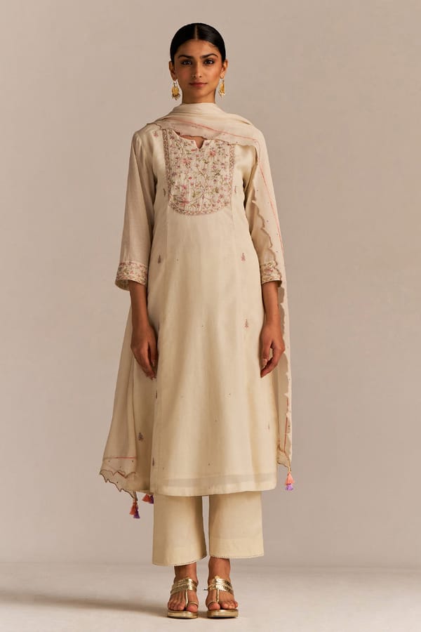 Buttercream Embroidered Straight Kurta Set with Dupatta — Ganga Fashions Pvt Ltd