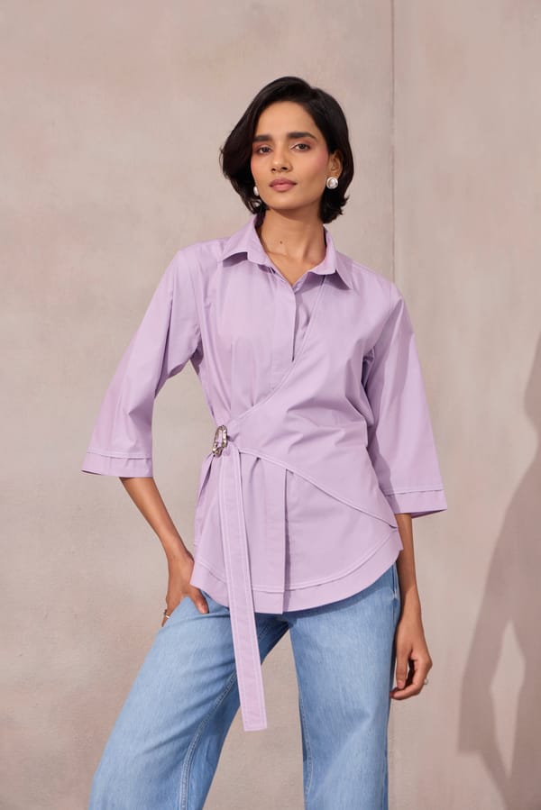 Sweet Lavender Cotton Poplin Wrap Shirt with Tie-Up — 63East