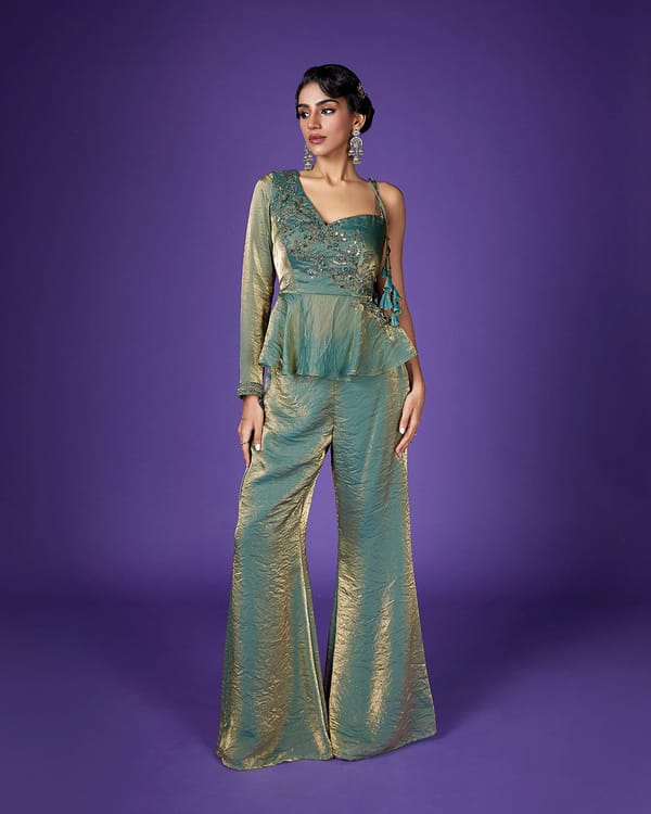 Sage Green Shimmer Tissue One-Shoulder Co-ord Set — QUNIC
