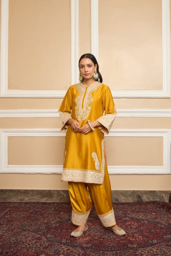 Glaze Mustard Embroidered Short Kurta Set with Dupatta — Sheetal Batra
