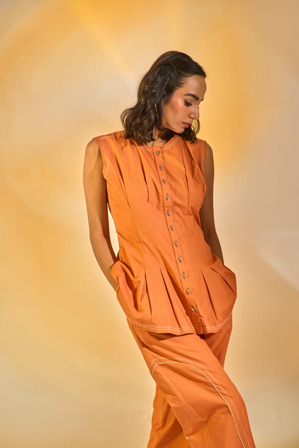 Burnt Orange Cotton Poplin Co-ord Set with Pleated Top — An'era by Asmita Verma