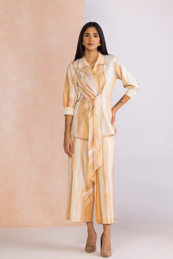 Rainbow Printed Flared Linen-Blend Trousers — Kaveri